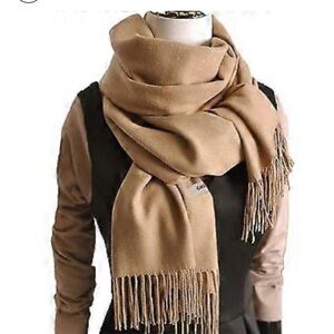 Cashmere feeling wrap shawl woman’s scarf blanket with fringe solid tan